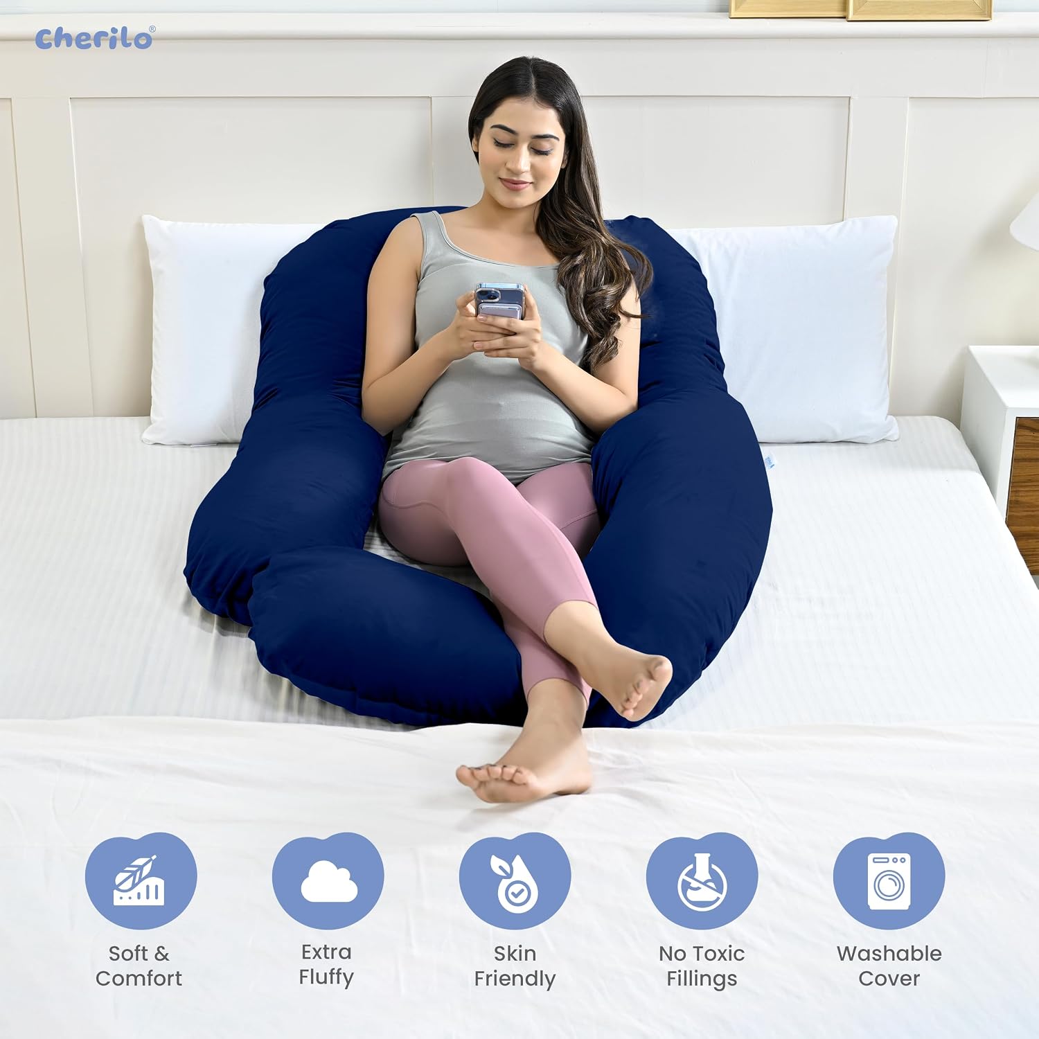 Full Body G Shape Pregnancy Pillow For Pregnant Women & Nursing Mom, Navy Blue | Single Pillow For Multipurpose Use During Maternity | Premium Velvet Outer Cover With Zip, Adjustable