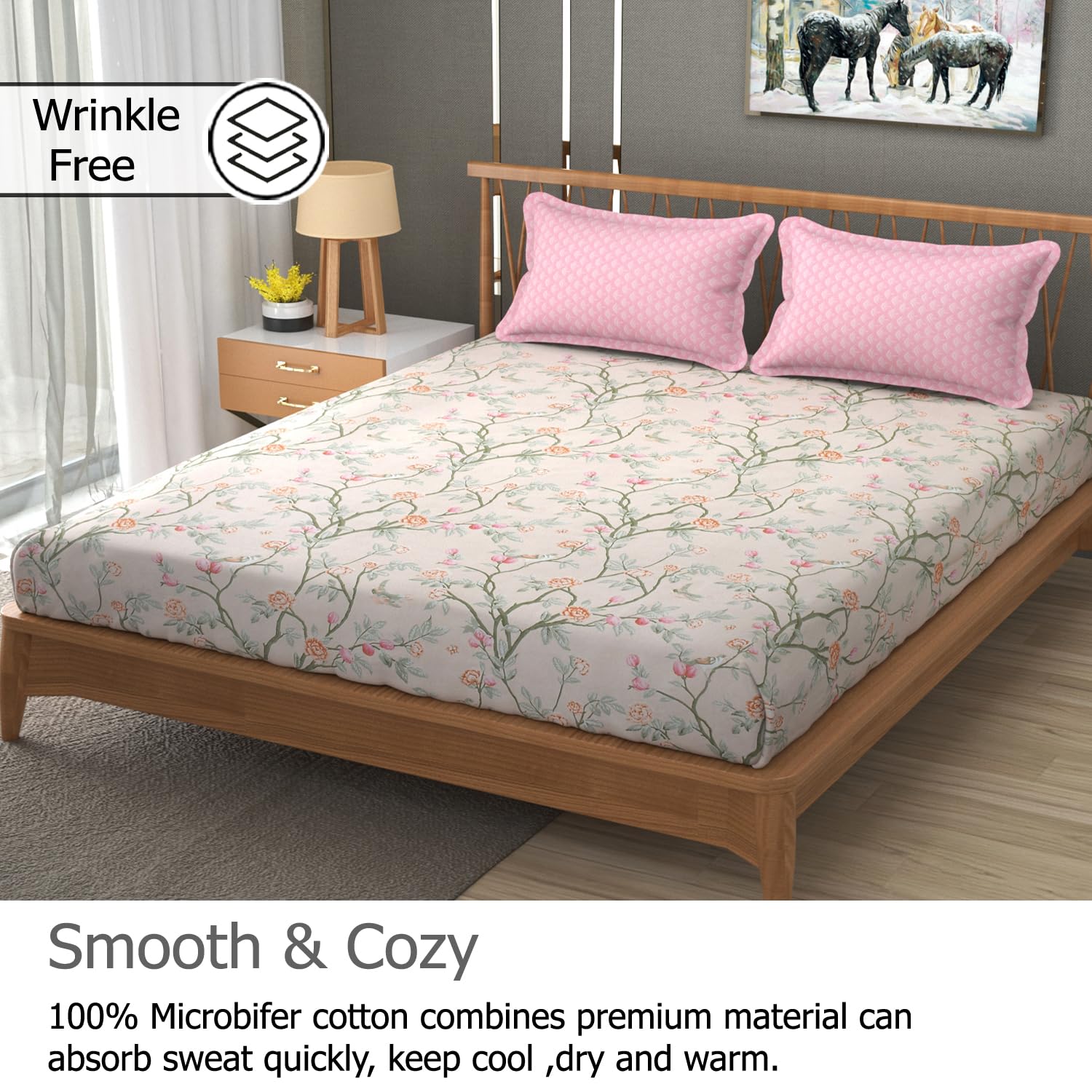 Printed King Size Bedsheet With 2 Pillow Cover - 108 X 108 Inches, Oyster-Pink | Double Bed Breathable & Wrinkle Free | All-Season Comfort Bedsheet