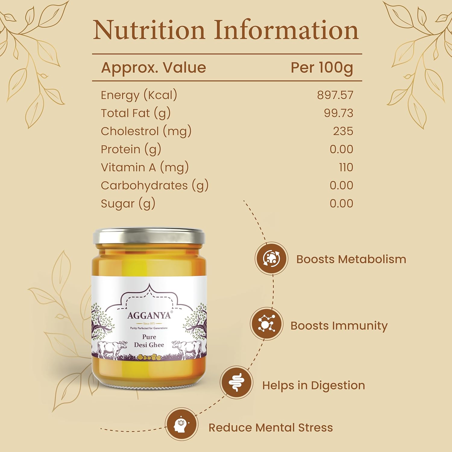 Pure Premium Desi Ghee By Agganya | High In Protein Fiber Healthy Desi Pure Ghee Good For Heart Health | (1 Litre) 33.8 Ounce | Jar Pack