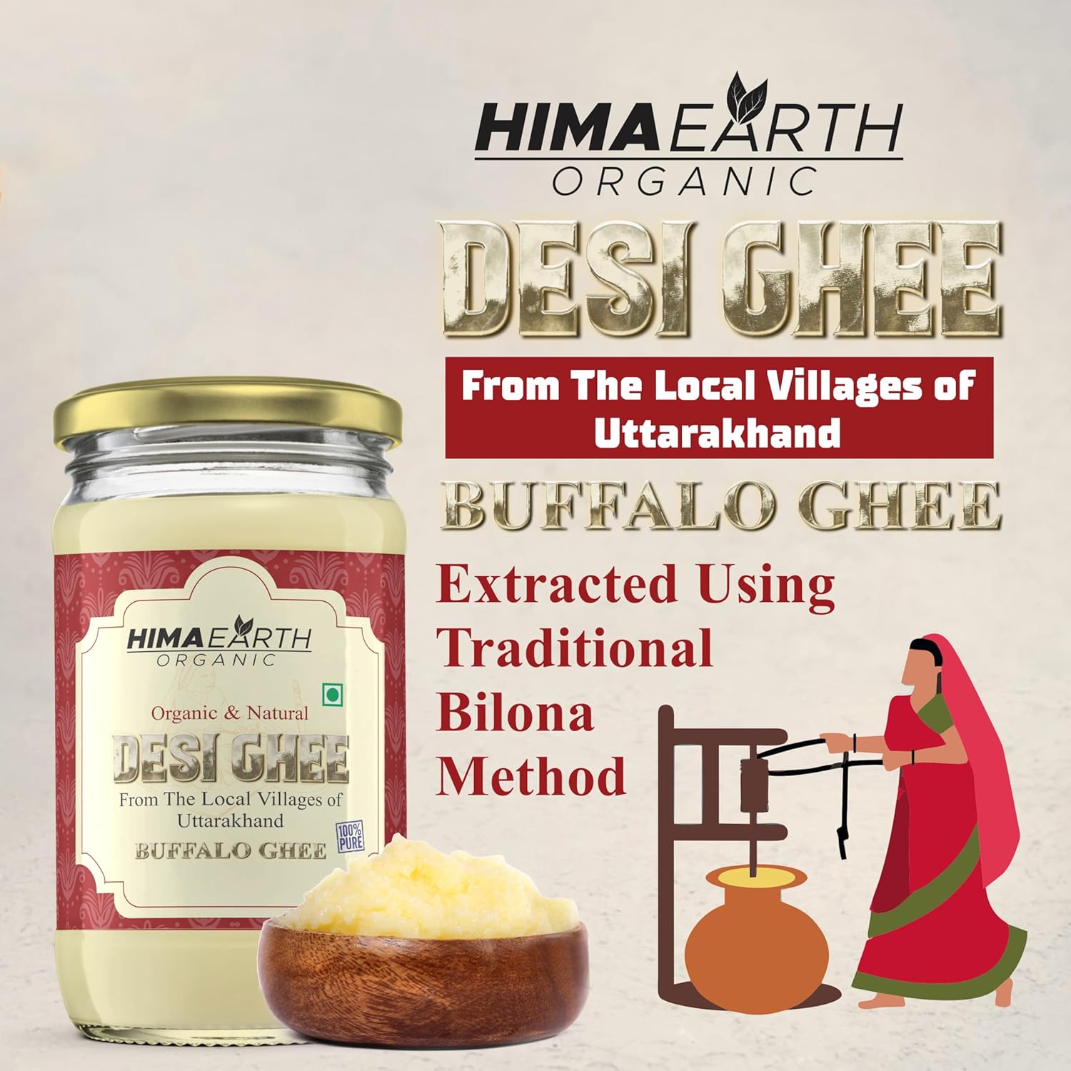 Pure Premium Bilona Desi Buffalo Ghee By Himaearth Organic | Traditional Vedic Bilona Method Made Danedar Ghee Good For Improve Bone Health | (500ml) 16.9 Ounce | Jar Pack