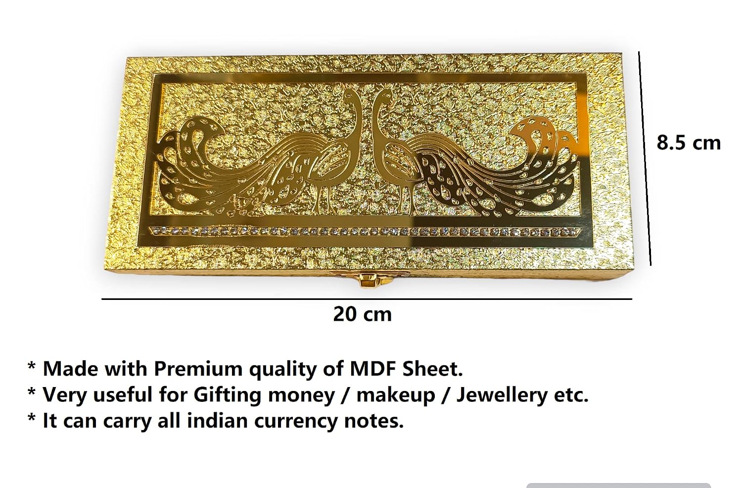 Premium Decorative Designer Mdf Golden Gifting Cash Box, Shagun Box, Jewellery Box, Money Box, Gaddi Box 20x8.5x4cm, Pattern - Embossed Peacock