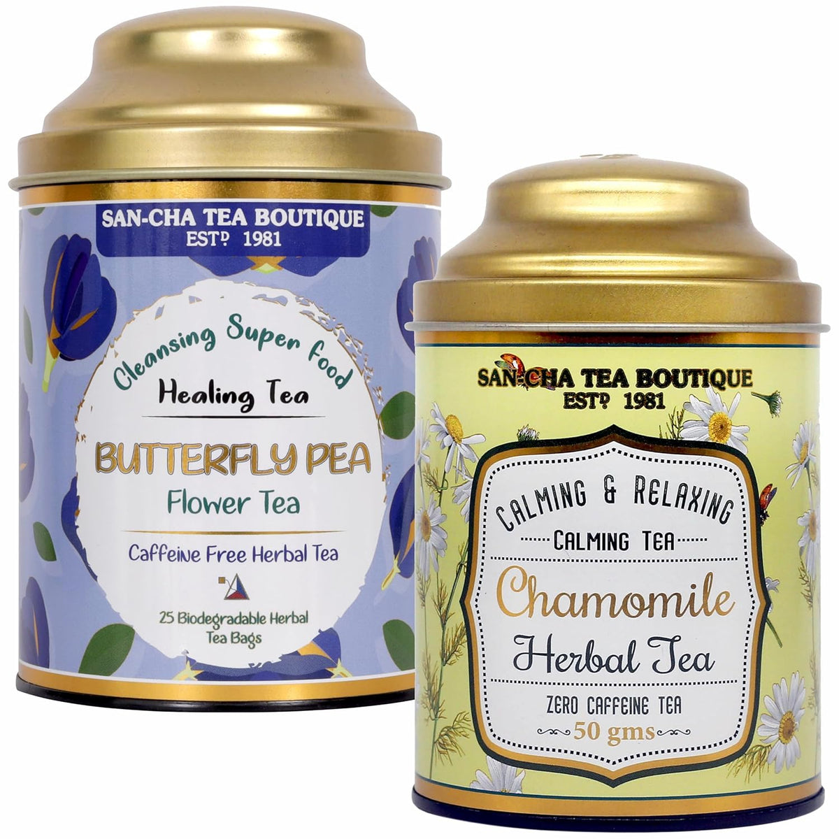 San-Cha 2 In 1 Botanic Tea Combo - Butterfly Pea Flower Tea, 25 Tea Bags + Chamomile Flower Herbal Tea 50gm, 1.7 Ounce | Caffeine Free
