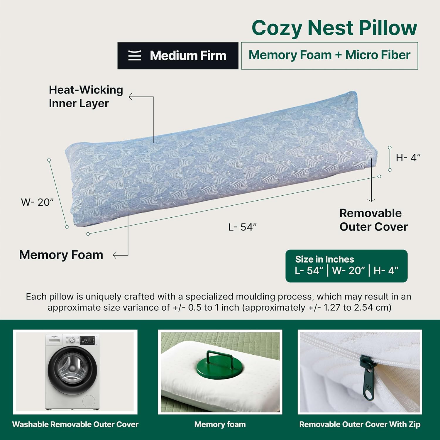 Full Body Hug Pillow For Sleeping, Memory Foam Pillow, Blue - 54 L X 20 W Inch | Micro Fiber Pillow For Body Support, Pregnancy Long Pillow For Bed, Side Sleeper, Washable Cover