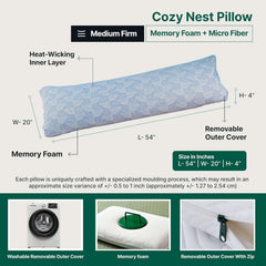 Full Body Hug Pillow For Sleeping, Memory Foam Pillow, Blue - 54 L X 20 W Inch | Micro Fiber Pillow For Body Support, Pregnancy Long Pillow For Bed, Side Sleeper, Washable Cover