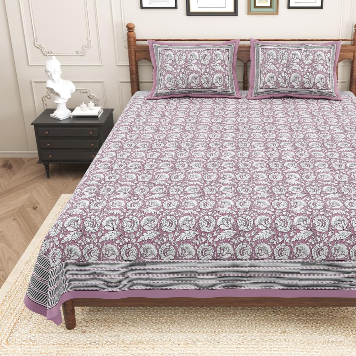 Pure Cotton King Size Bedsheet 2 Matching Pillow Covers | 100x108 Inches, Lavender & White | Traditional Jaipuri Printed Bedsheet | Ideal Wedding Gift, Housewarming, Special Occasion Surprise