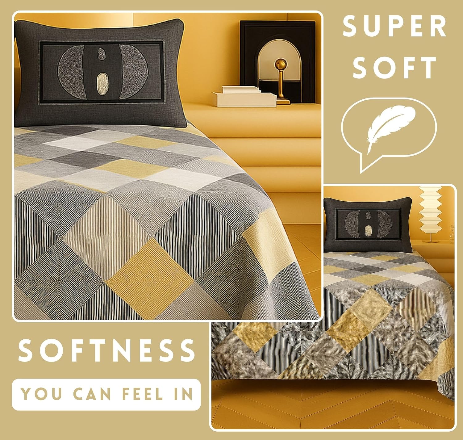 1 Double Bedsheet With Two Pillow Covers - 90 X 94 Inches, Grey & Mustard | 300 Thread Count Super Soft Bed Sheet For King Size Bed Geometric Pattern