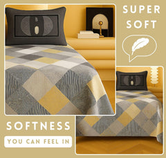 1 Double Bedsheet With Two Pillow Covers - 90 X 94 Inches, Grey & Mustard | 300 Thread Count Super Soft Bed Sheet For King Size Bed Geometric Pattern