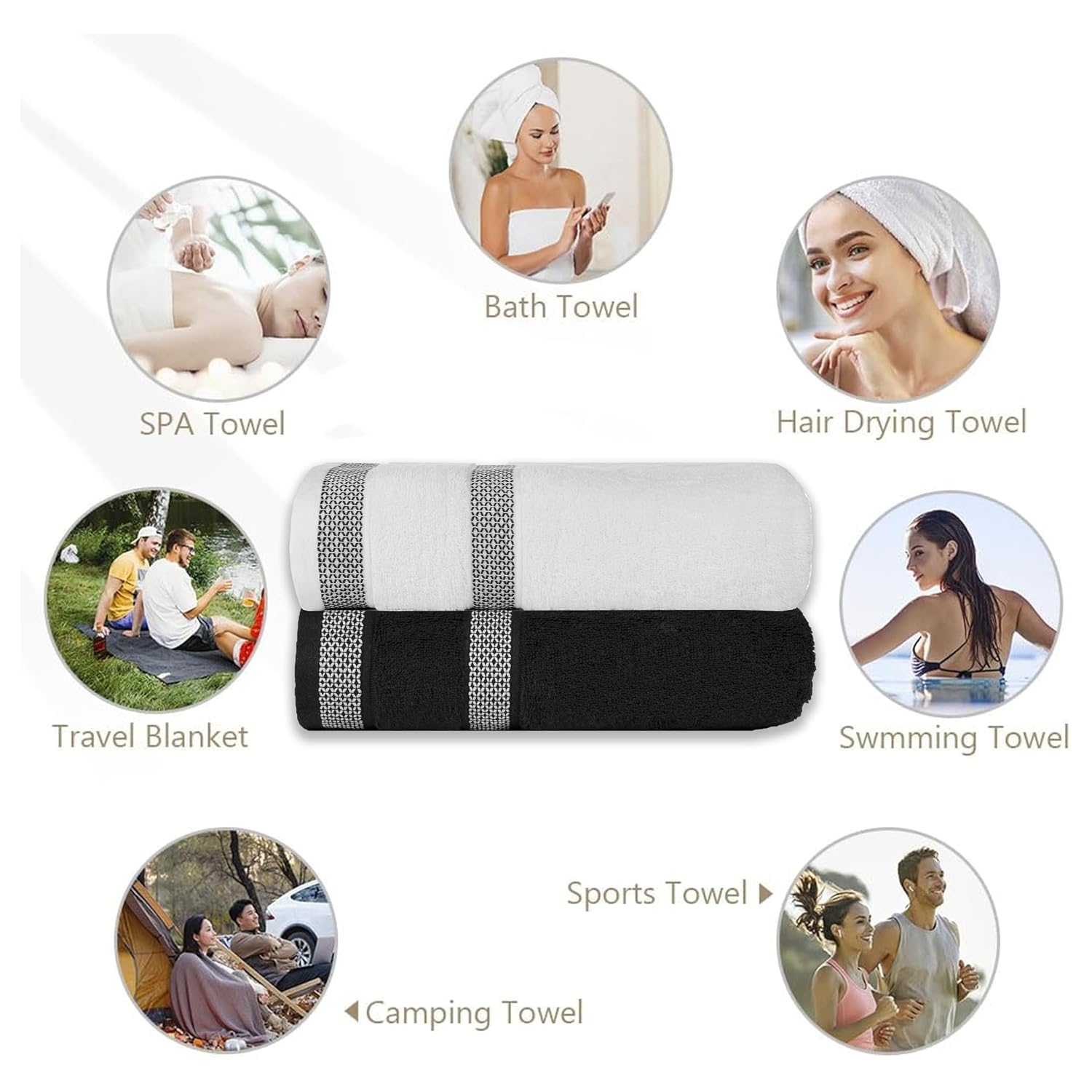 Casa Copenhagen Designed In Denmark Solitaire Super Soft 2 Pieces 100% Cotton Large Bath Towel 525 Gsm - Black & White