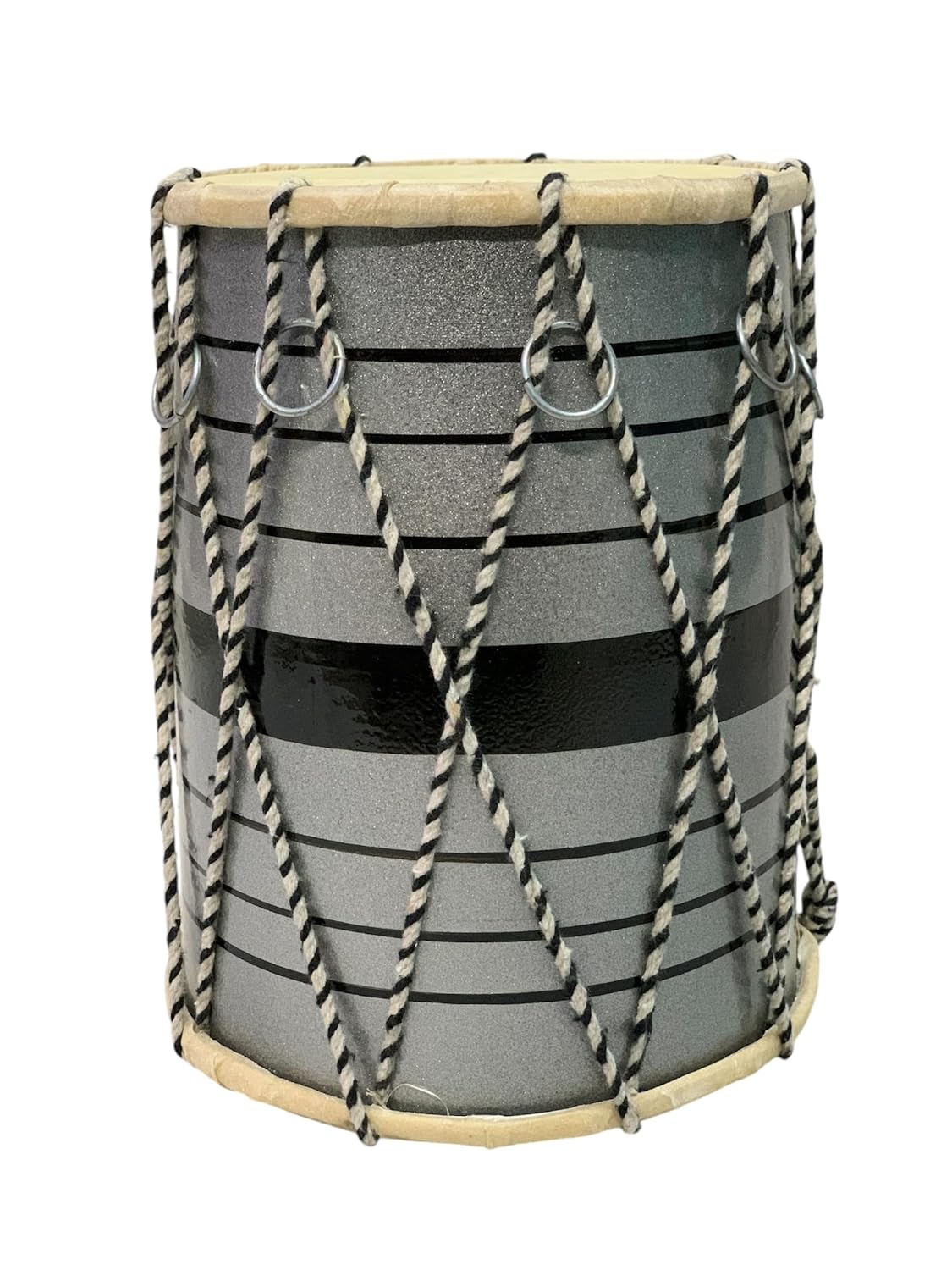 Indian Handmade Rope & Ring Dholak - Black & Grey | Perfectly Symmetric Round Dholak - Dholak For Festival, Wedding, Satsang | Very Easy To Tune
