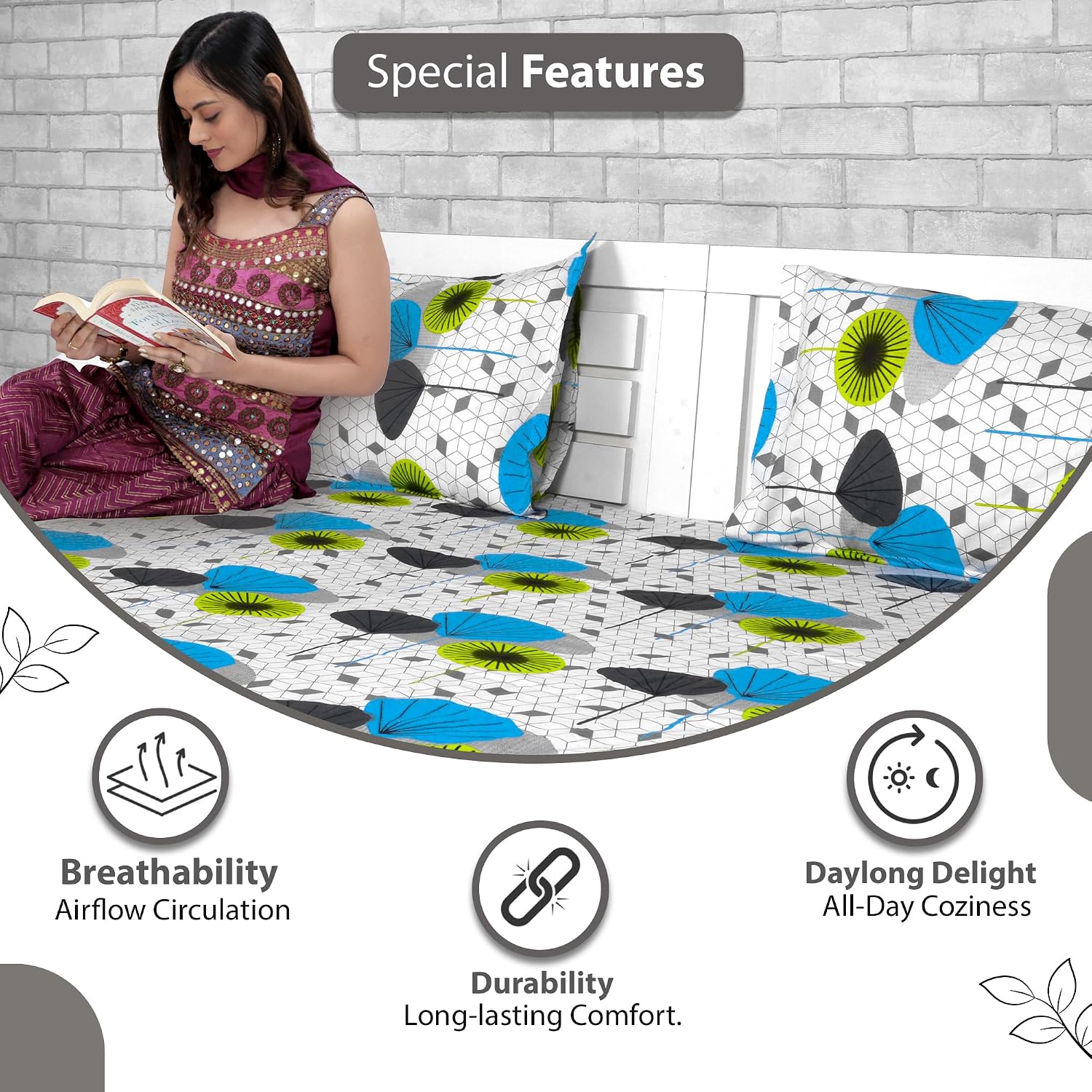 100% Pure Cotton Double Bedsheet For Queen With 2 Pillow Covers - 87 X 100 Inches, Blue & White | Soft & Durable For Everyday Use & Bedroom - All Season Comfort