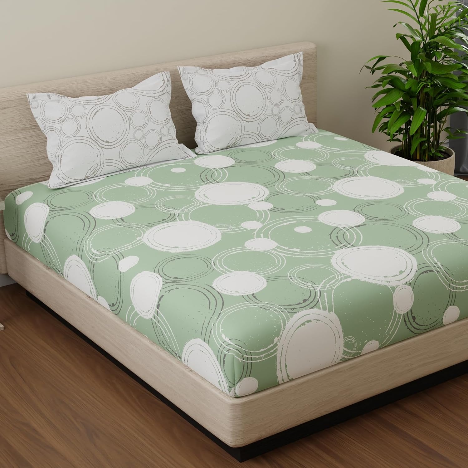 1 King Bedsheet With 2 Pillow Covers - 108 X 108 Inches, Green & Off White | Beautiful Print & Luxury Look Bedsheet | Cotton Bedsheet Is Naturally Comfortable