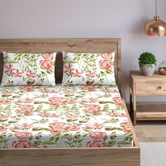Queen Size Elastic Fitted Bedsheet With 2 Pillow Covers (Size 60 X 78 Inches) White & Peach | Good For Home, Hotel, Villa, Resort & Guest House Bedsheets
