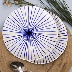 Ceramic Striped Dinner Serving Plates Set Of 2 - White & Blue, Diameter: 10 Inches | Ceramic Full Plates - Blue Kasa Line