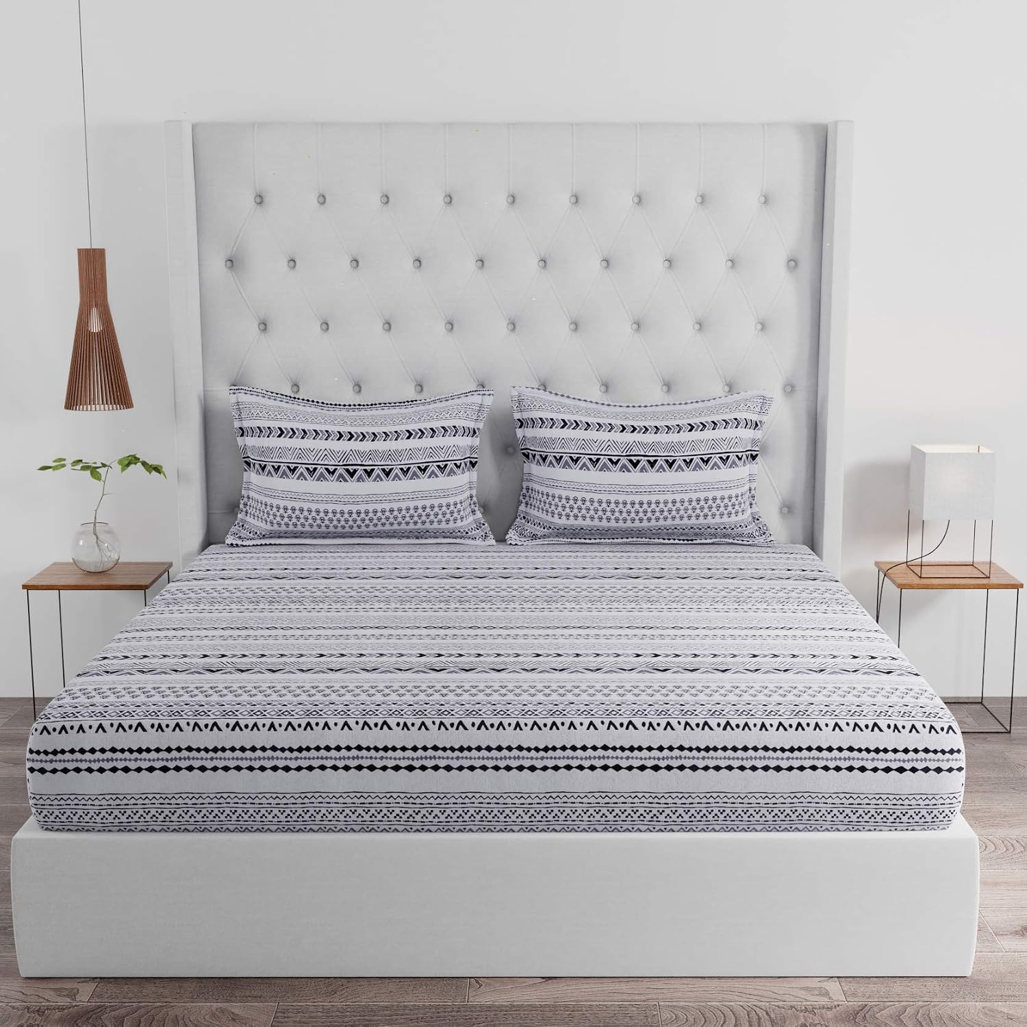 White & Black King Size Bedsheet With 2 Pillow Covers - 110 X 108 Inches | Cotton Bed Sheets Are Easy To Wash And Maintain At Home