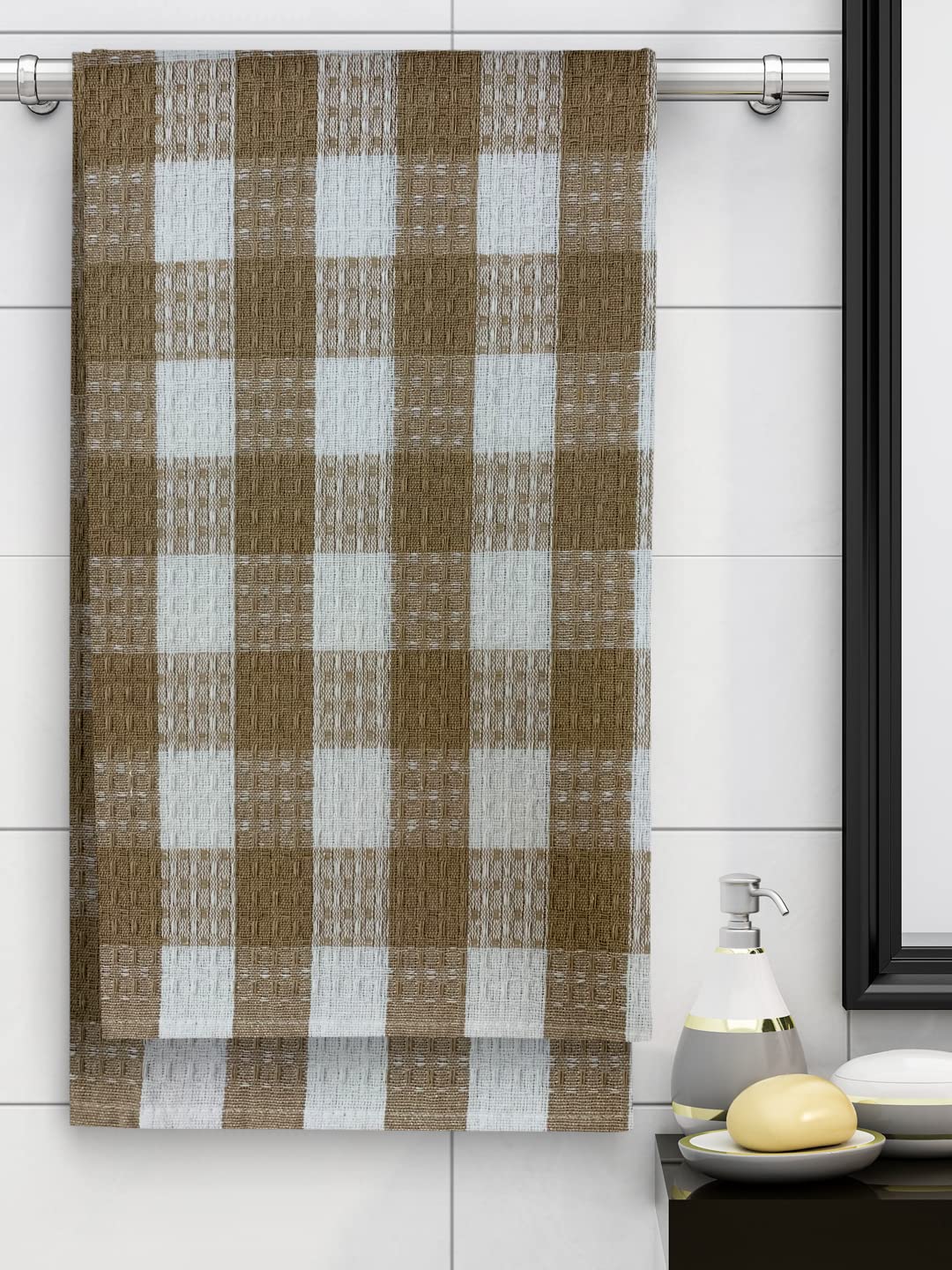 Athom Living Premium Cotton Light Weight Quick-Dry High Absorbent Cotton Bath Towel 250 Gsm, (Beige Checks)