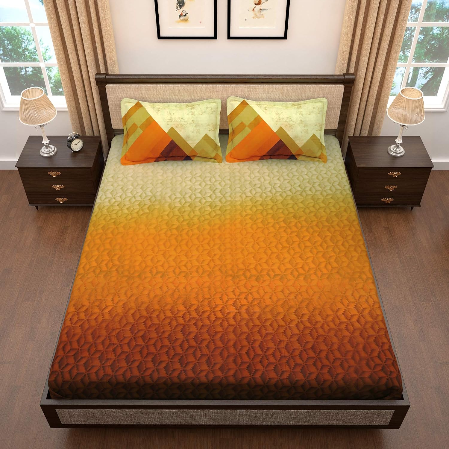 Bedsheet For King Size Bed With 2 Pillow Covers - 106 X 106 Inches, Mustard & Brown | Soft & Durable For Everyday Use - All Season Comfort
