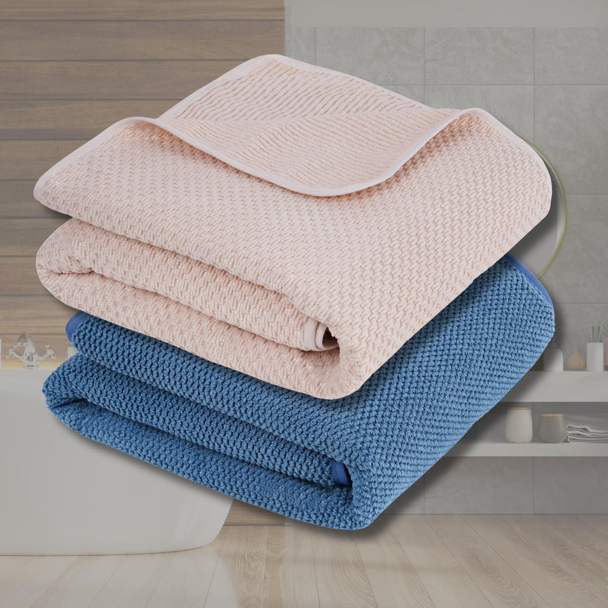 Fezora Microfiber Contler Bath Towels 700 Gsm | Large Size Bath Towel Soft & Absorbent Bath Towel For Men & Women (Cream & Dark Blue)- Pack Of 2