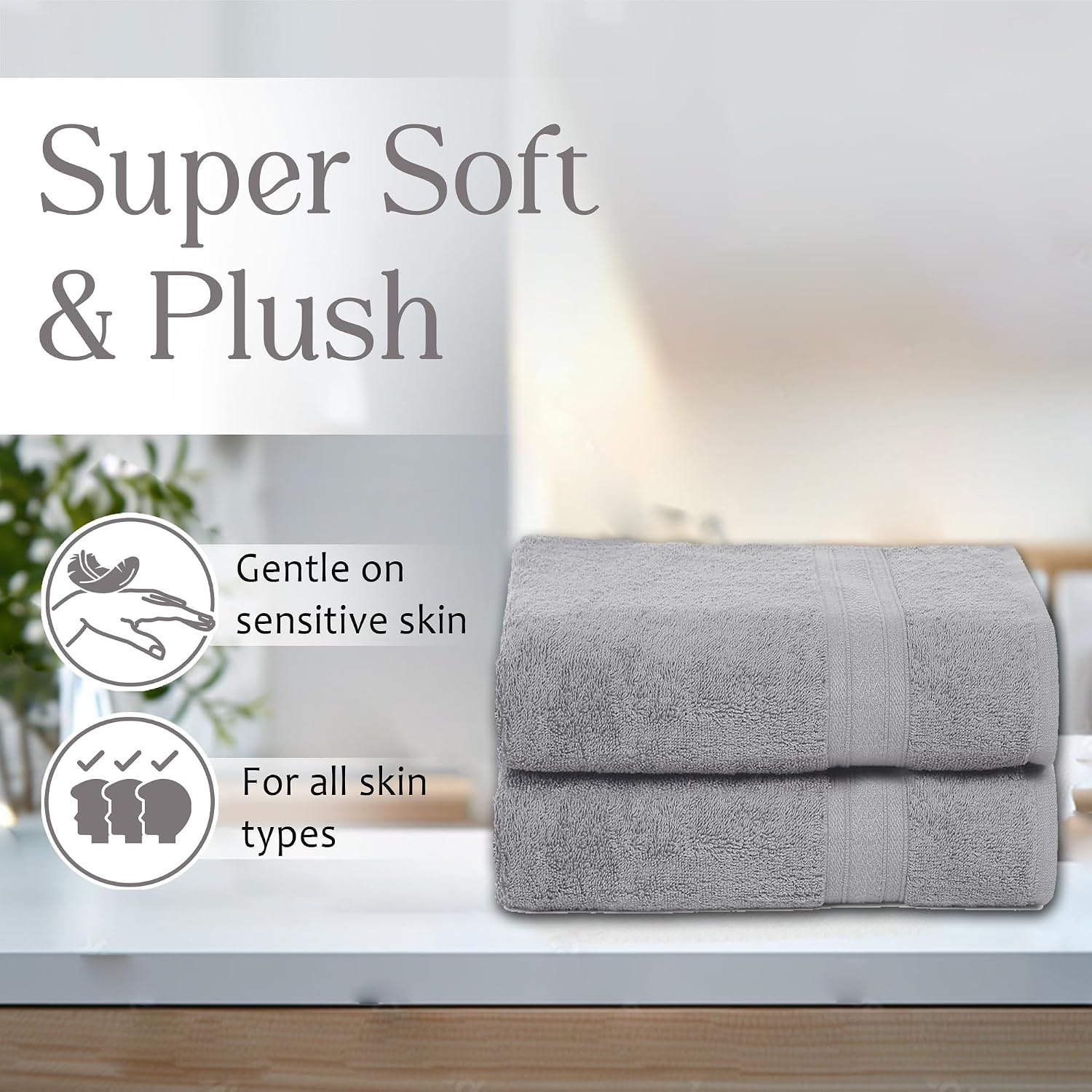 Ambra Linens Highly Absorbent Towels Set, 500 Gsm | 100% Cotton Soft And Plush All Seasons Use, Large Everyday Use, Durable (2 Pieces) | Light Grey