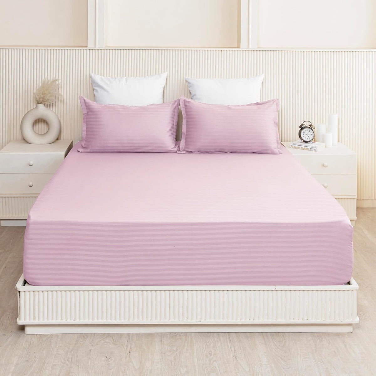 210 TC Cotton Double Bed Fitted Bedsheets With 2 Pillow Cases - 78 X 72 Inches, Light Pink | Satin Stripes Wrinkle Free | Comfortable Fabric Bedsheet