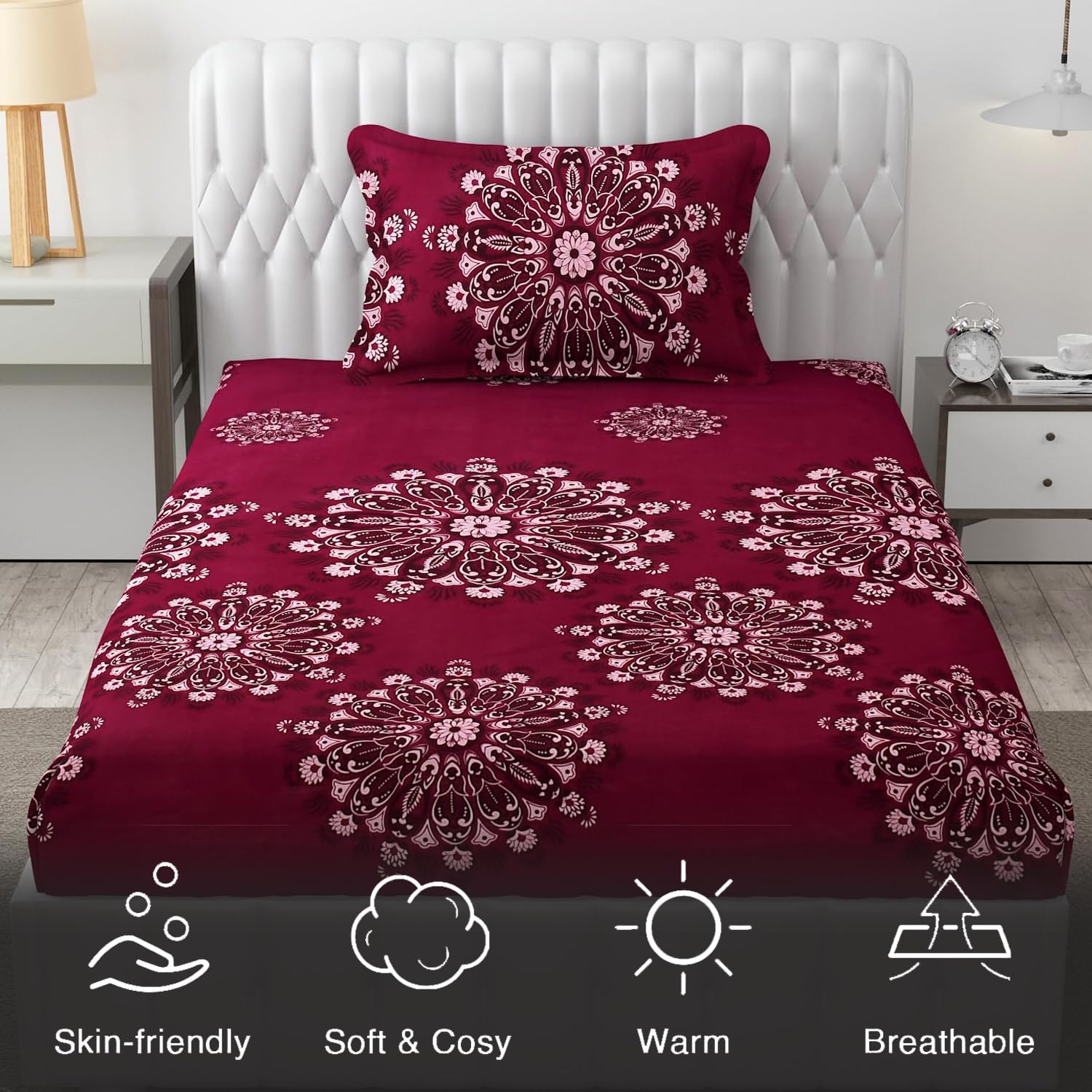 Microfiber Single Bedsheet Set With 1 Pillow Covers (60 X 90 Inches) Wine | Durable & Long-Lasting | 144 Thread Count | Wrinkle Free