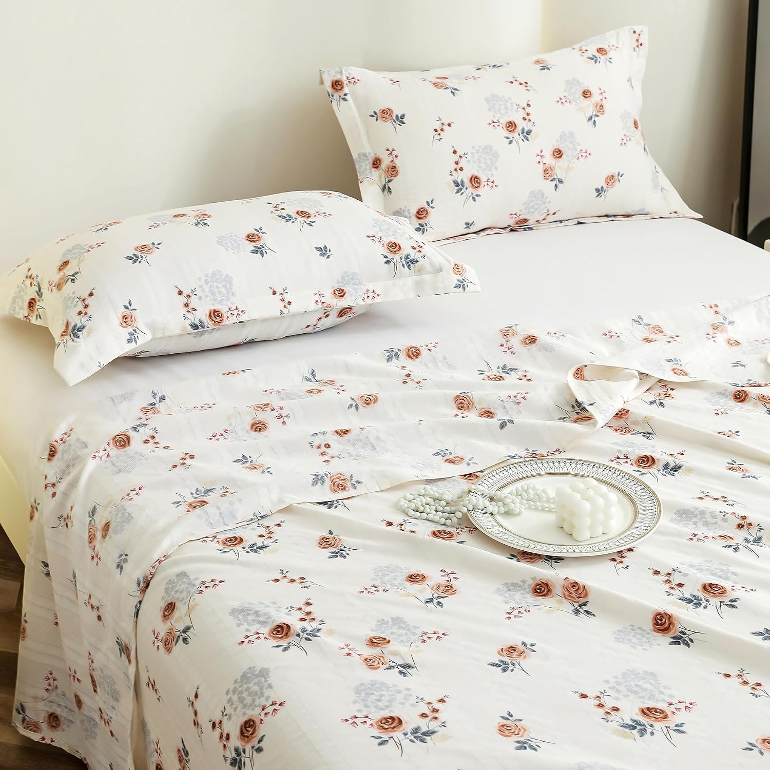 Flat Bedsheet For King Size With Two Pillow Covers - 100 X 108 Inches, White & Brown | Super Soft Bed Sheet For King Size Bed | Floral Design