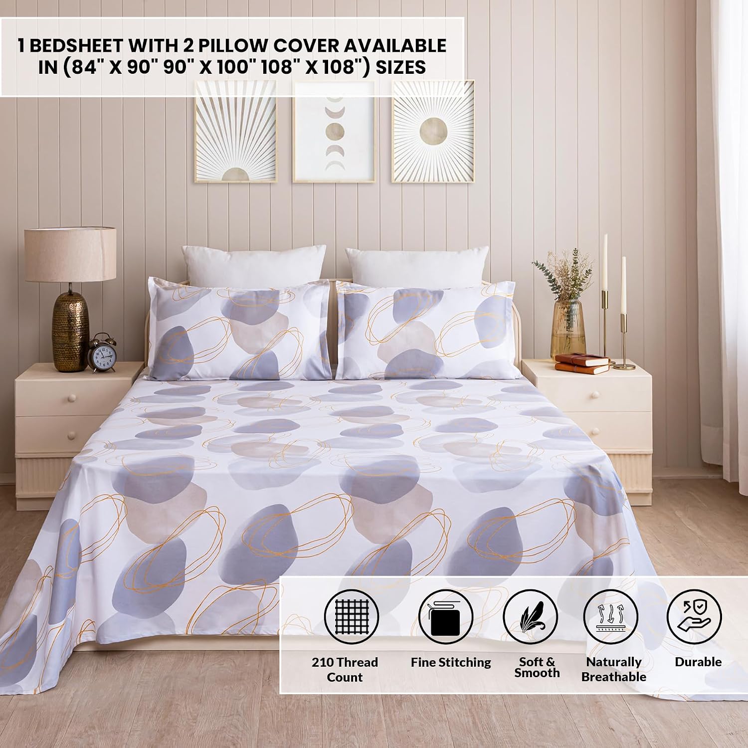 White & Mustard King Size Bedsheet With 2 Pillow Covers - 108 X 108 Inches | Luxurious Printed Flat Sheets | Perfect For Home Decor & Gifting