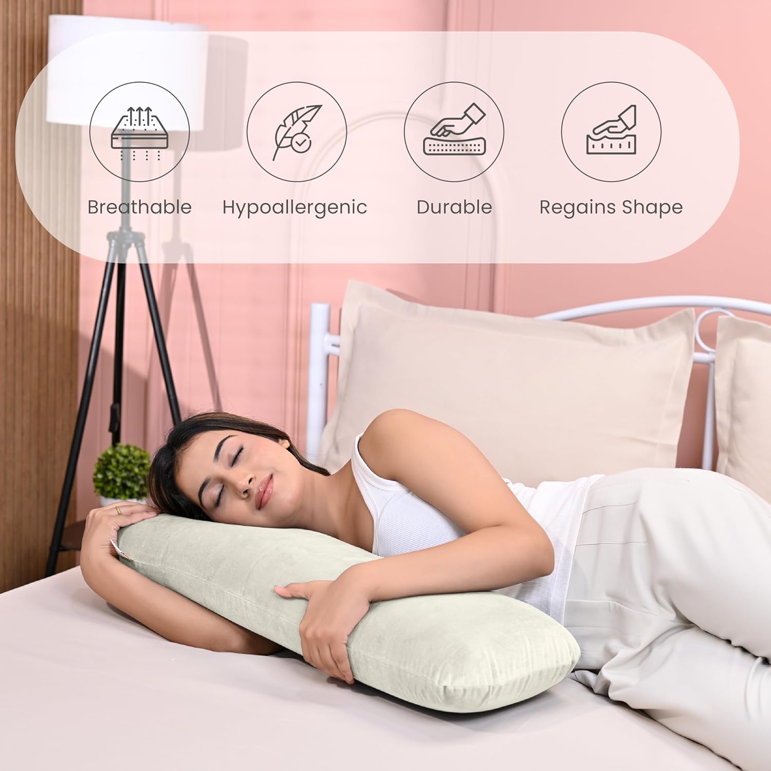 Memory Foam Half Body Pillow, For Sleeping & Hugging, Pregnancy, Cream - 30 X 10 X 5 Inches | Long Cuddle Pillow Suitable For Side Sleepers & Back Support | Velvet Cover, Multipurpose Use