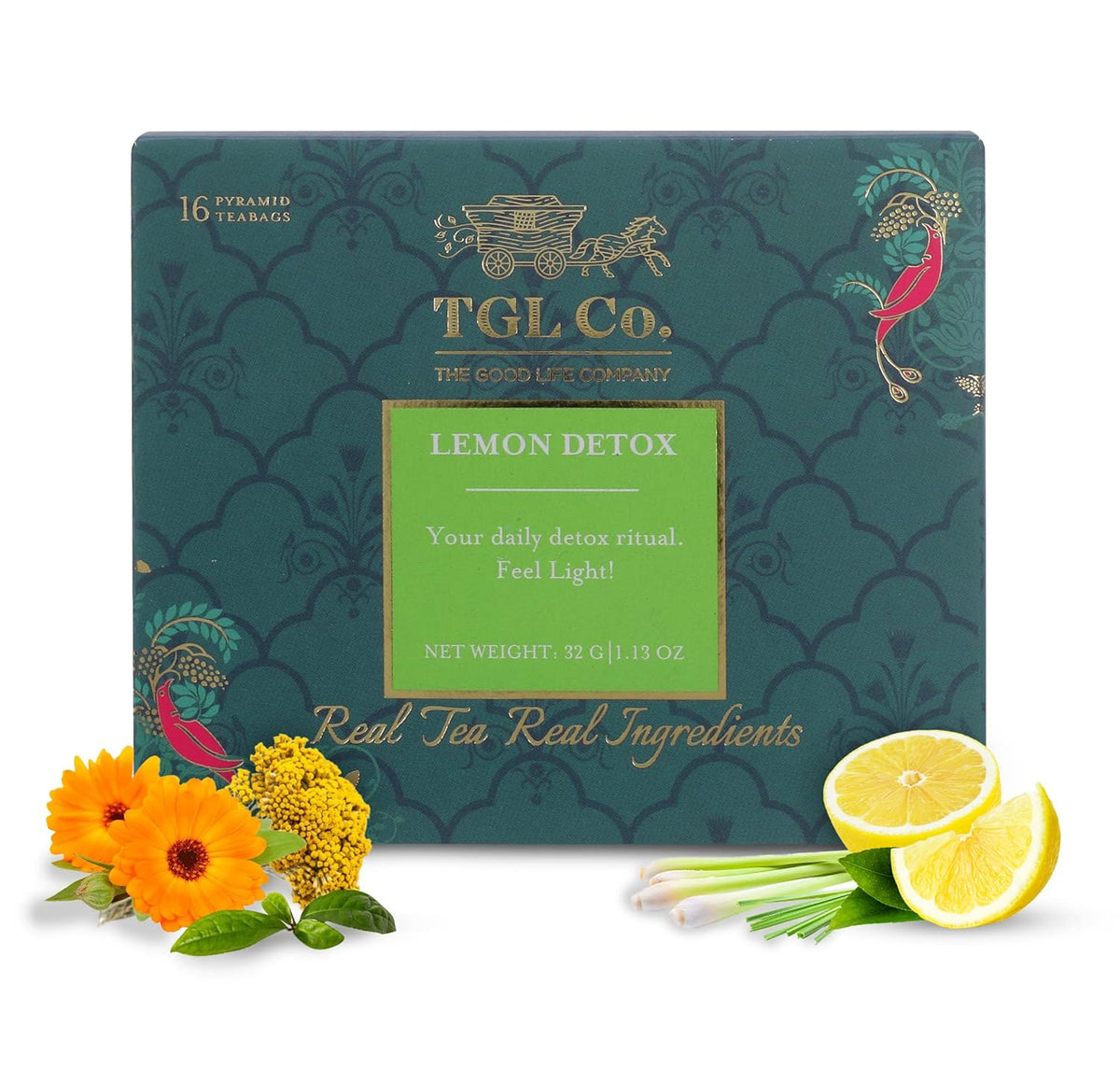 TGL Co. Lemon Detox Green Tea - 32gm, 1.13 Ounce, 16 Pyramid Tea Bags | Hot & Ice Tea - Suits In Digestion, Anti Inflammatory Properties, Keeps Hydrated, Good For Skin