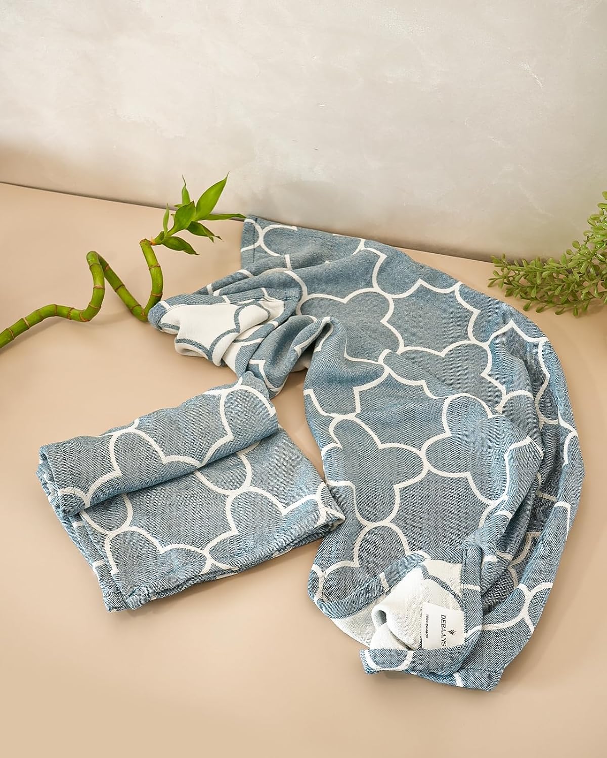 Debaans Bamboo Hand Towels 400 Gsm | Ultra Soft, Quick Dry, Antibacterial | Multiple Colors & Designs (Quatrefoil Ocean) - Set Of 2
