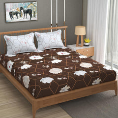 Bedsheet For Double Bed Queen Size With 2 Pillow Cover - 100 X 100 Inches, Brown & White | Perfect For Gifting On Weddings Bedsheet