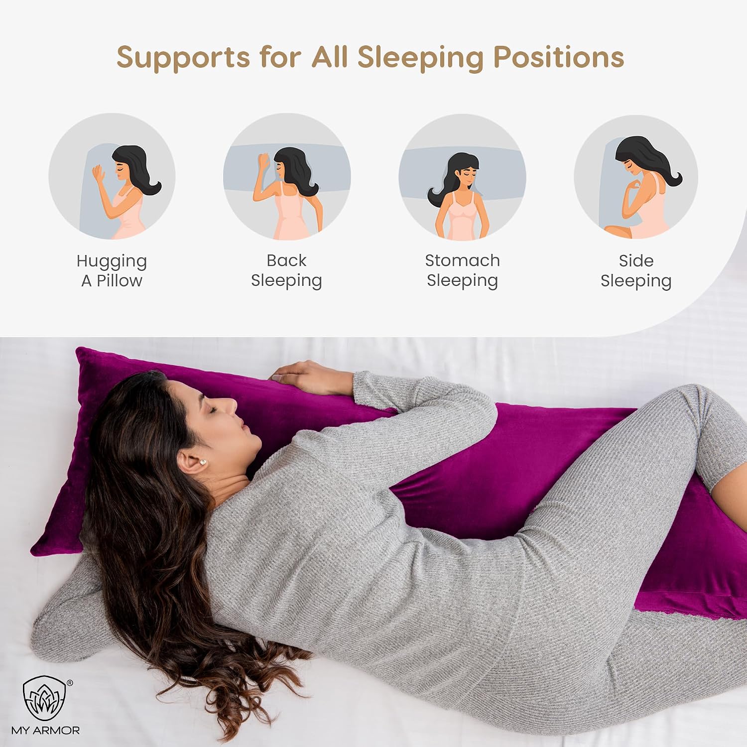 Microfiber Body Side Pillow For Sleeping For Pregnancy, Purple - 53 X16 Inch | Long Cuddle Pillow For Hugging, Relaxing, Washable, Premium Velvet Outer Cover With Zip, Adjustable Pillow