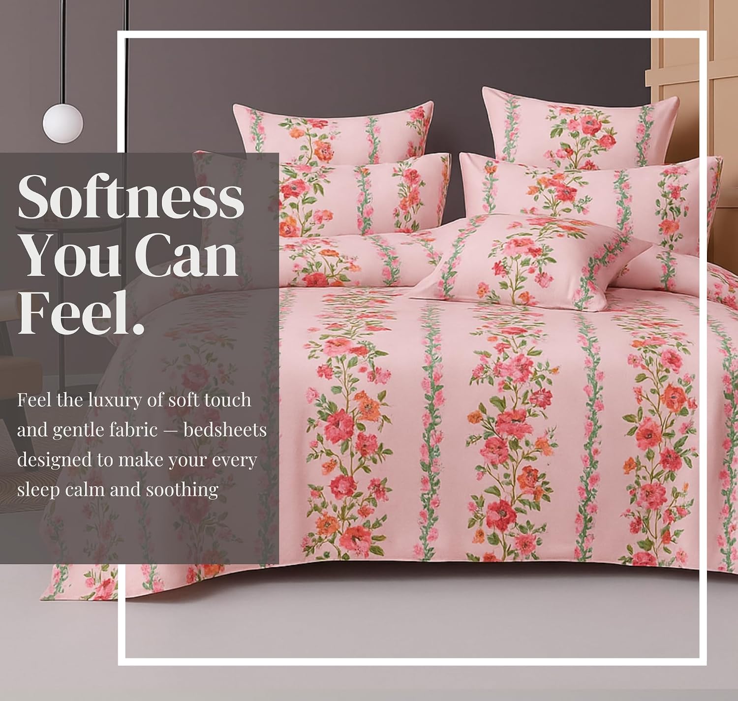 Cotton Double Bedsheets King Size With 2 Pillow Covers | Size 78 X 72+10 Inches, Light Pink-All Around Elastic Fitted Design Bedsheet