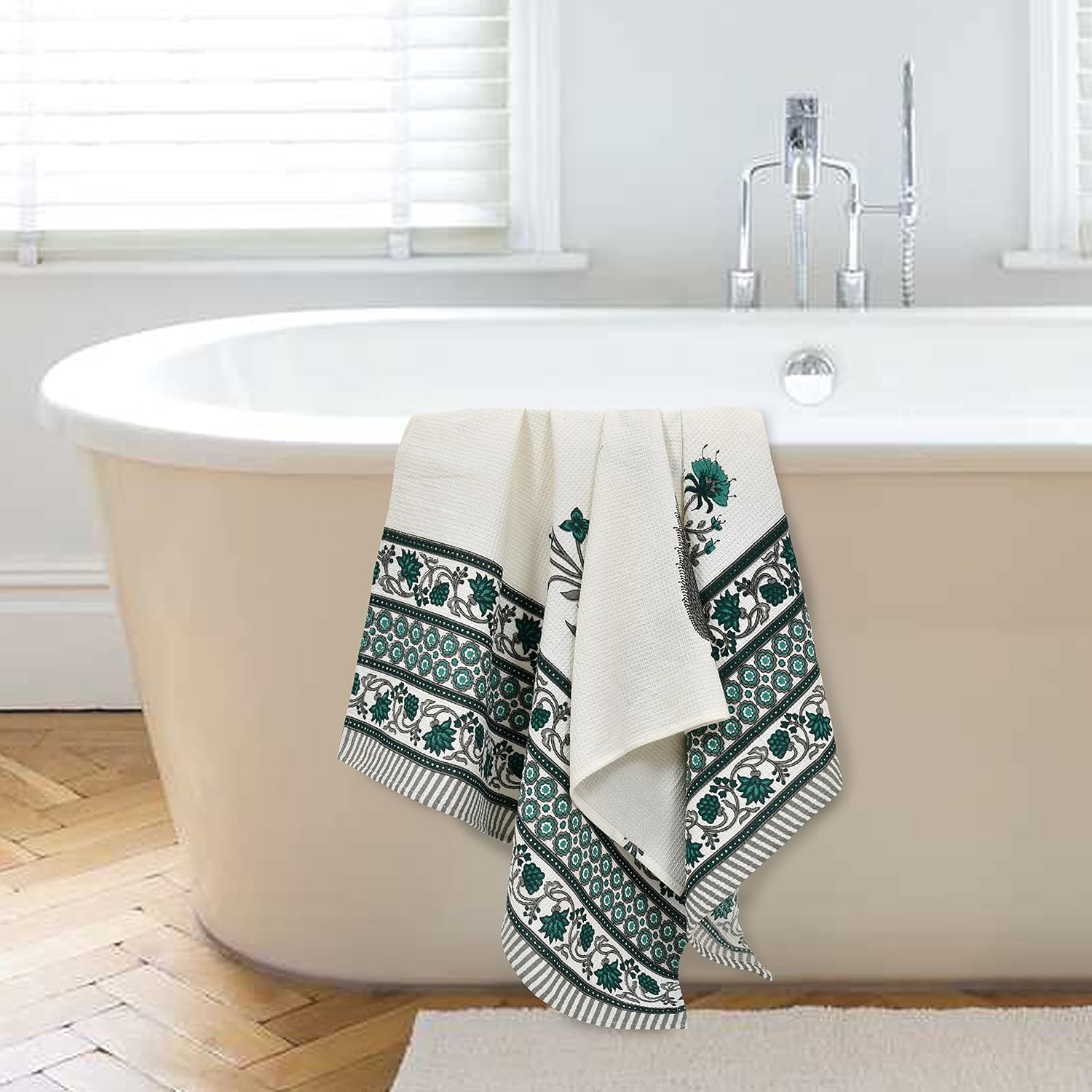 Mafatlal 100% Cotton Waffle Towel Large Size 200 Gsm | Light Weight, Quick Dry, Hand Printed, Floral Designs & Craft, Super Absorbent Towel (Madhuban Collection)