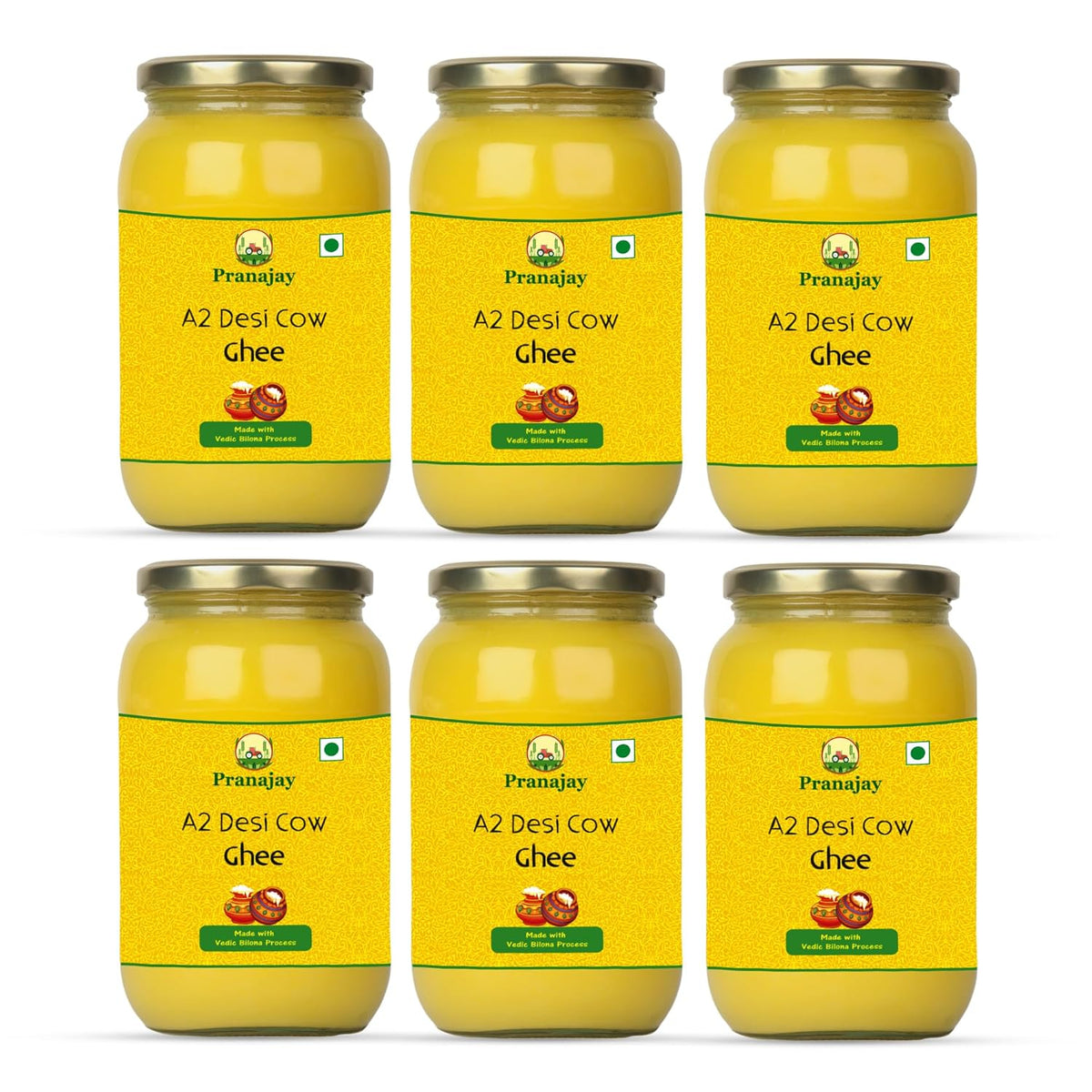 Premium A2 Desi Cow Ghee By Pranajay | Highly Nutritious & Healthy Vedic Bilona Method Desi Ghee Good For Cooking | 3 Litre (500ml * 6) 101.4 Ounce | Jar Pack