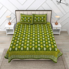Pure 100% Cotton Double Bed Sheet With 2 Pillow Covers - 90 X 100 Inches, Green | Beautifully Handcrafted Traditional Bedsheets - Skin Friendly Fabric