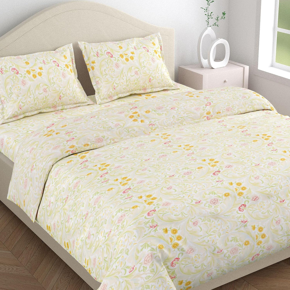 Flat Bedsheet Queen Size Bed With 2 Pillow Covers - 100 X 90 Inches, Cream & Yellow | Soft, Breathable & Durable | Skin-Friendly & Durable