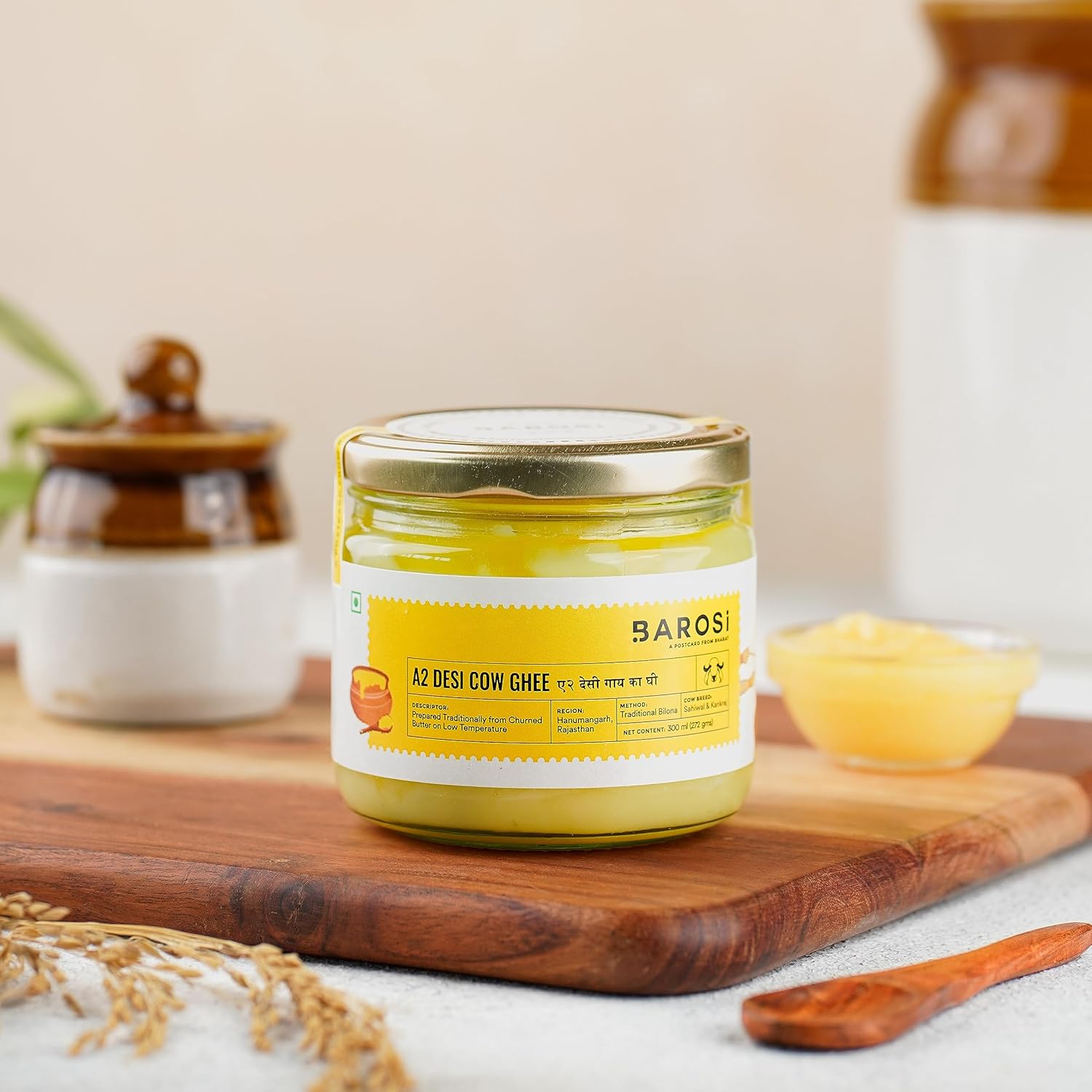 Organic A2 Desi Cow Ghee By Barosi | Rich In Vitamins A, E & Healthy Danedar Cow Desi Ghee Perfect For Boost Immunity | (300ml) 10.1 Ounce | Jar Pack