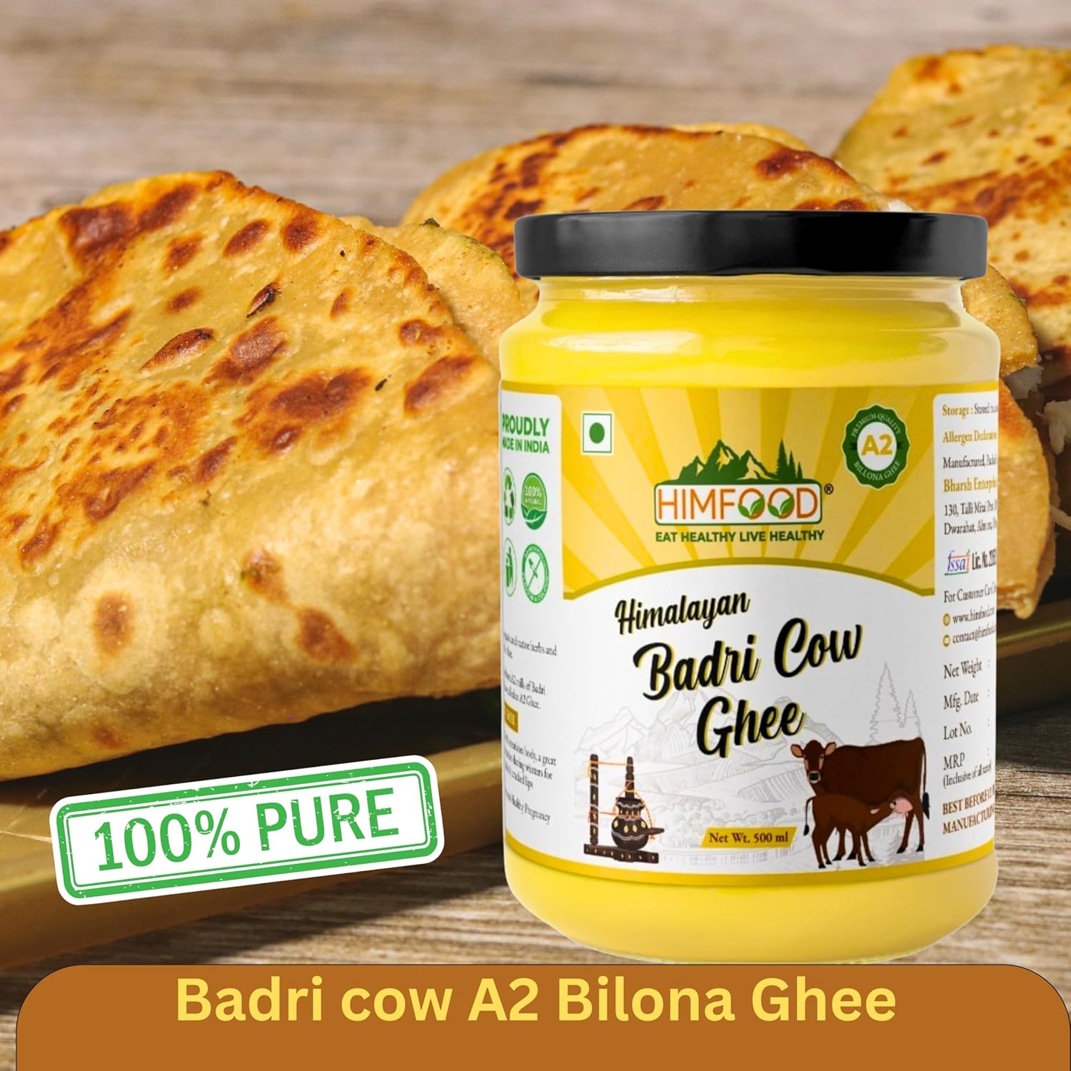 Organic Himalayan Badri Cow Ghee By Himfood | Highly Nutritious Helps Keep Your Heart Healthy Desi Cow Ghee | (500ml) 16.9 Ounce | Jar Pack