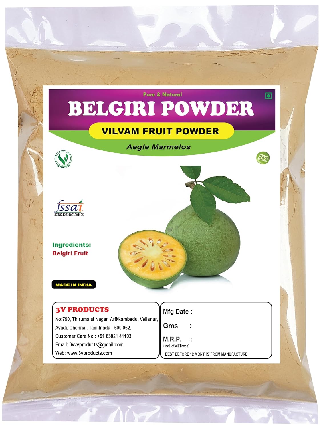 3v Products Organic Belgiri Powder Vilvam Fruit, Bael Phal Dry, Bilva, Aegle Marmelos, Wood Apple, Cholesterol, Body Heat Reduce, Gastric & Constipation | 1 Kg 2.2lbs