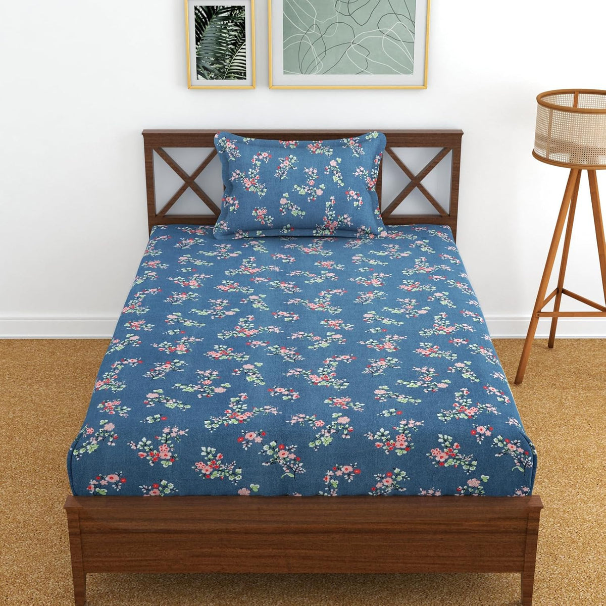 Glace Cotton Single Bedsheet Elastic Fitted With 2 Pillow Cover - 48x78x8 Inches, Dark Blue | Soft Touch To Skin | Perfect Ideal For House, Hotel, Guest House Bedsheet