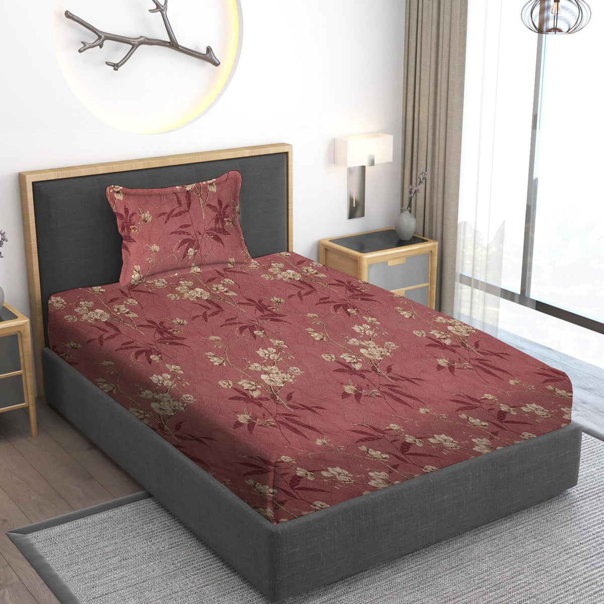 Print Cotton 1 Single Bedsheet With 1 Pillow Cover - 60 X 90 Inches, Beige & Wine | Soft & Breathable Fabric, Skin-Friendly Bed Sheet For All Seasons