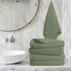 Enchant Home Pure Cotton Waffle Towel 500 Gsm | Lightweight Anti-Microbial & Water Absorbent Soft Touch Quick Drying Hand Towels | Sage Green (Pack Of 4)