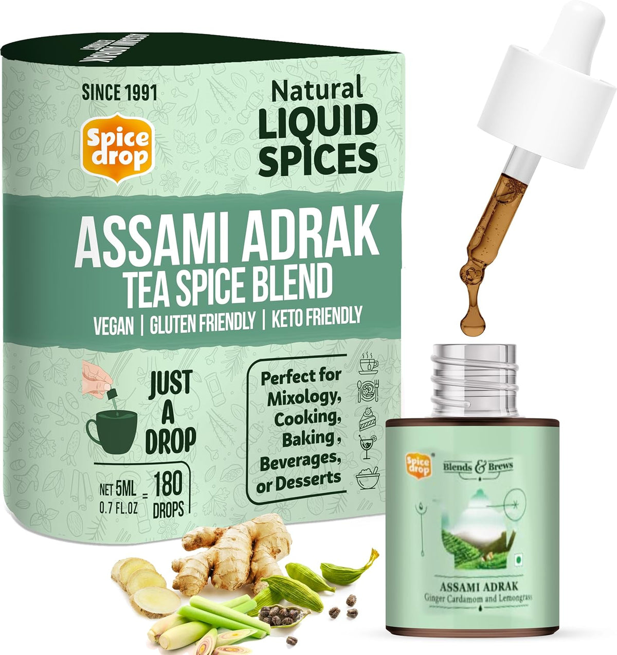 Spice Drop Assami Adrak Tea Spice Blend - 180 Cups, 5ml, 0.1 Fl.Oz. | Contains Cardamom, Ginger & Lemongrass - Chai Masala Drops | GMO Free, No Preservatives, Gluten Friendly, Keto Friendly