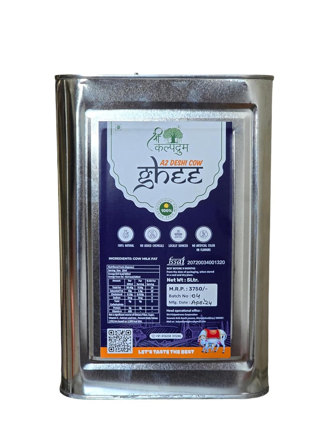 100% Natural Cow Ghee By Shri Kalpadruma | Rich In Vitamin A & Healthy Nutrients Desi Ghee Perfect For Sweets | (5 Litr) 169.0 Ounce | Tin Pack
