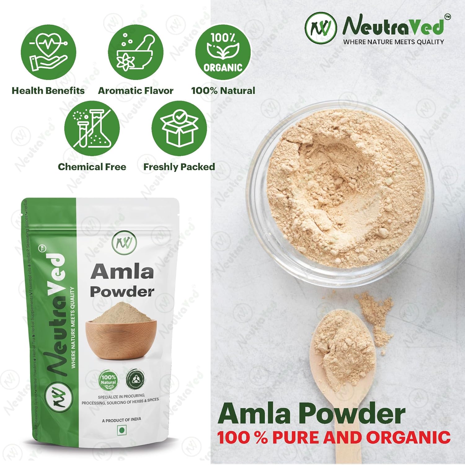 Neutraved Quality Amla Powder For Eating Amla Seed Less Powder Food Grade, May Help In Good Hair Growth, Food - Grade Stand - Up Zipper Pouch | 200gm 0.4lbs