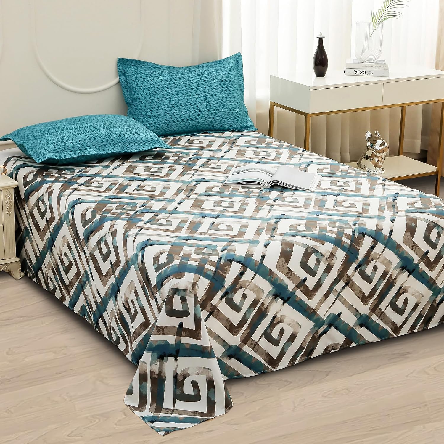 Bedsheets For Double Bed With 2 Pillow Cover - 92 X 98 Inches, Cyan & White | Satin Finish Microfiber Queen Size Bedsheet | Skin Friendly & Breathable Fabric
