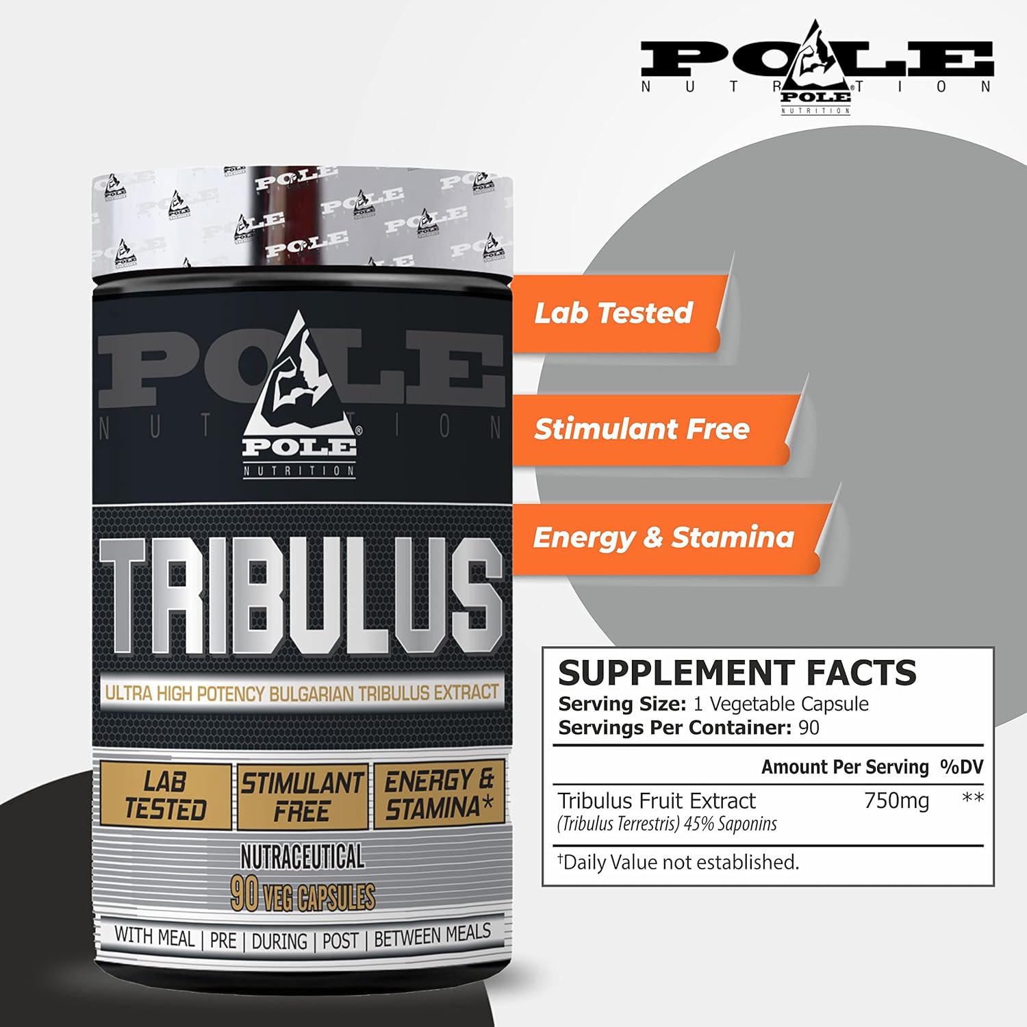 Pole Nutrition Tribulus Ultra High Potency Bulgarian Tribulus Extract, Natural Ability To Enhance Athletic Performance | 90 Veg Capsules 150gm 0.3lbs