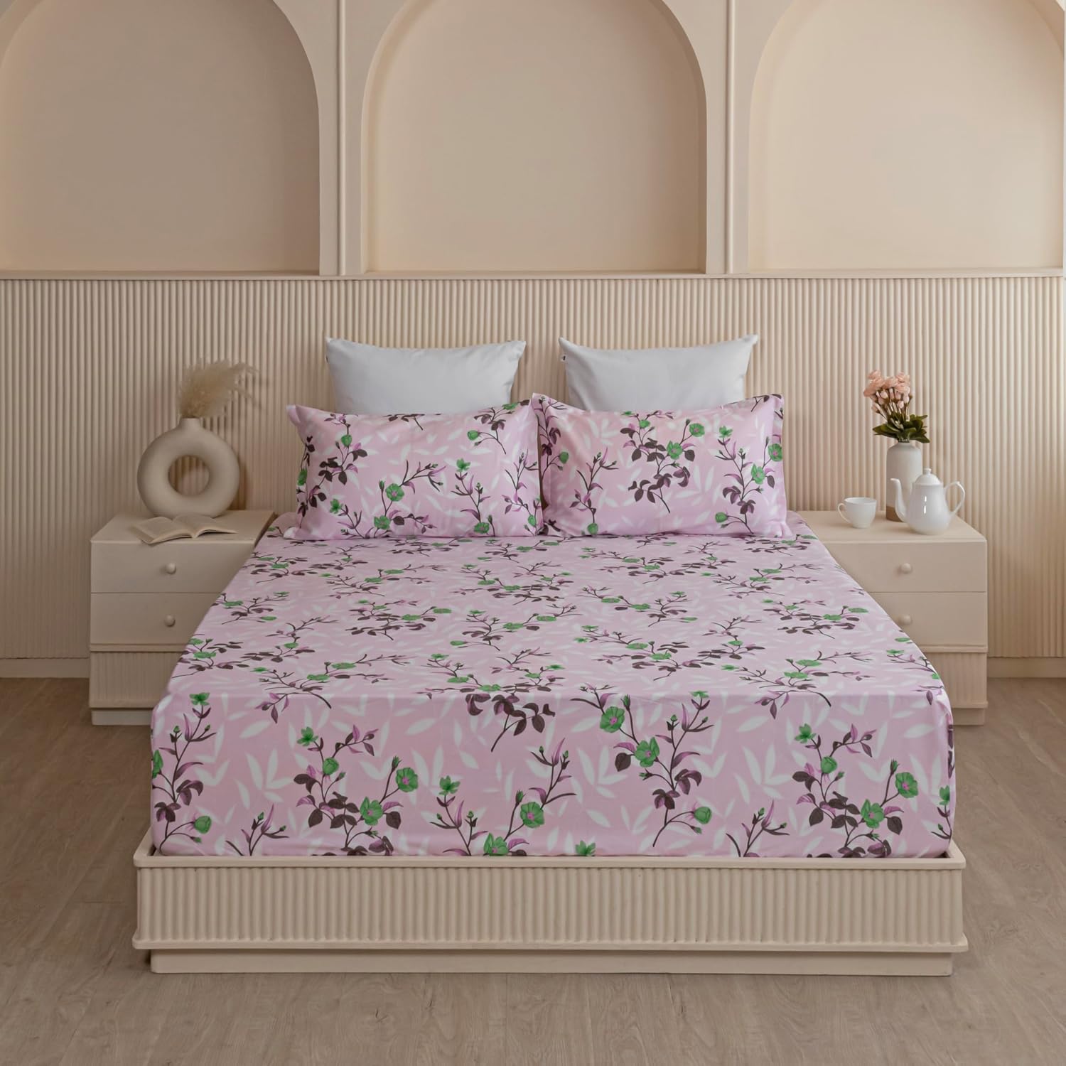 All Around Elastic Fitted Bedsheet For Queen Size With 2 Pillow Covers - 72 X 72 Inches, Lavender & Pink | Soft & Breathable, For Bedroom & Gifting