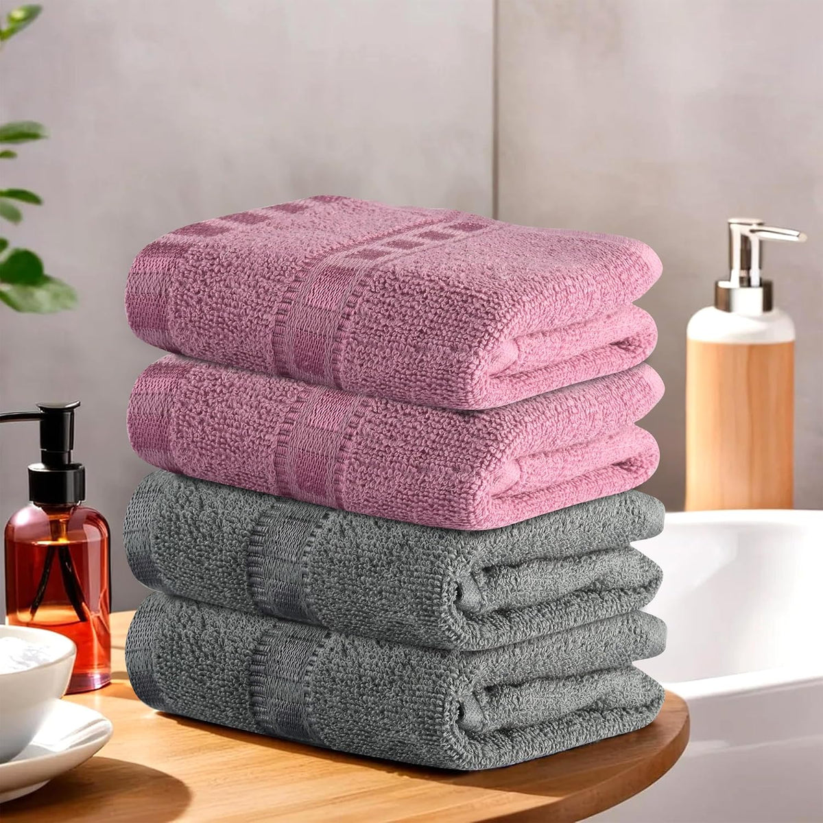 Heart Home Cotton Hand & Face Towels 800 Gsm | For Men & Women Easily Washable Workout Gym Towel - Grey & Pink (Pack Of 4)