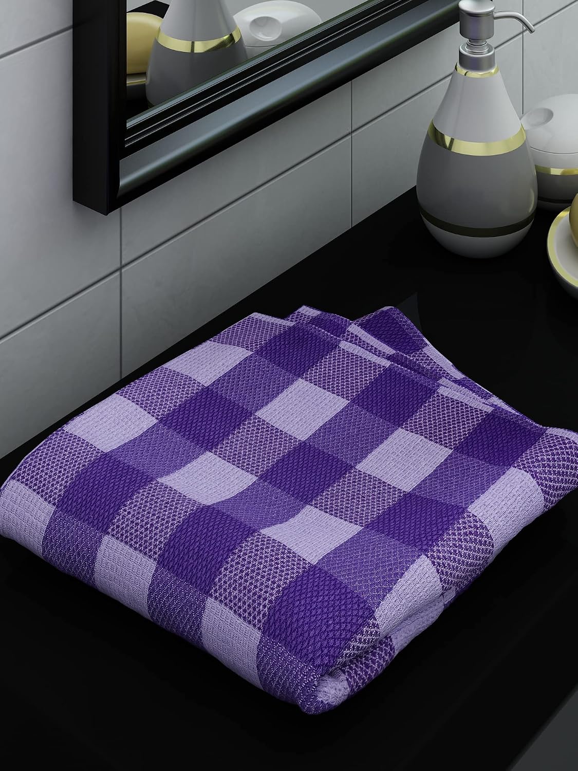 Athom Living Premium Cotton Light Weight Quick-Dry High Absorbent Cotton Bath Towel 250 Gsm, (Purple Checks)